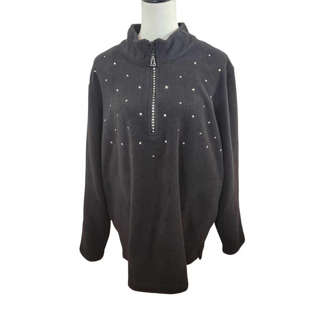 Quacker Factory Womens XL Black Fleece Rhinestone 1/4 Zip Pullover Sweater Top